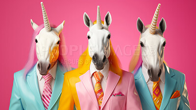 Unicorns wearing human clothes. Abstract art background copyspace concept.