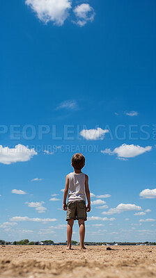 Buy stock photo Low angle vertical shot. Child looking at blue-sky. Freedom concept.