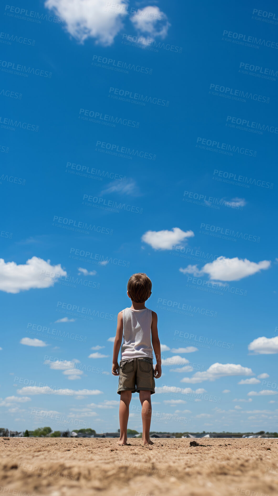 Buy stock photo Low angle vertical shot. Child looking at blue-sky. Freedom concept.