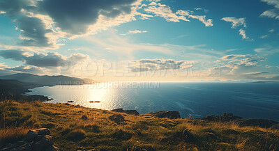Wide view from mountain of ocean. Blue-sky, sunset. Background concept.