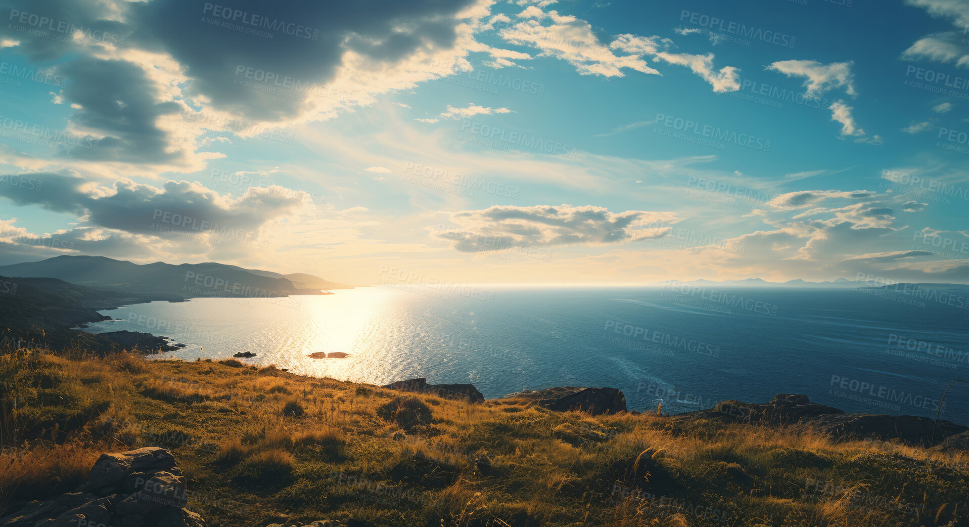 Buy stock photo Wide view from mountain of ocean. Blue-sky, sunset. Background concept.