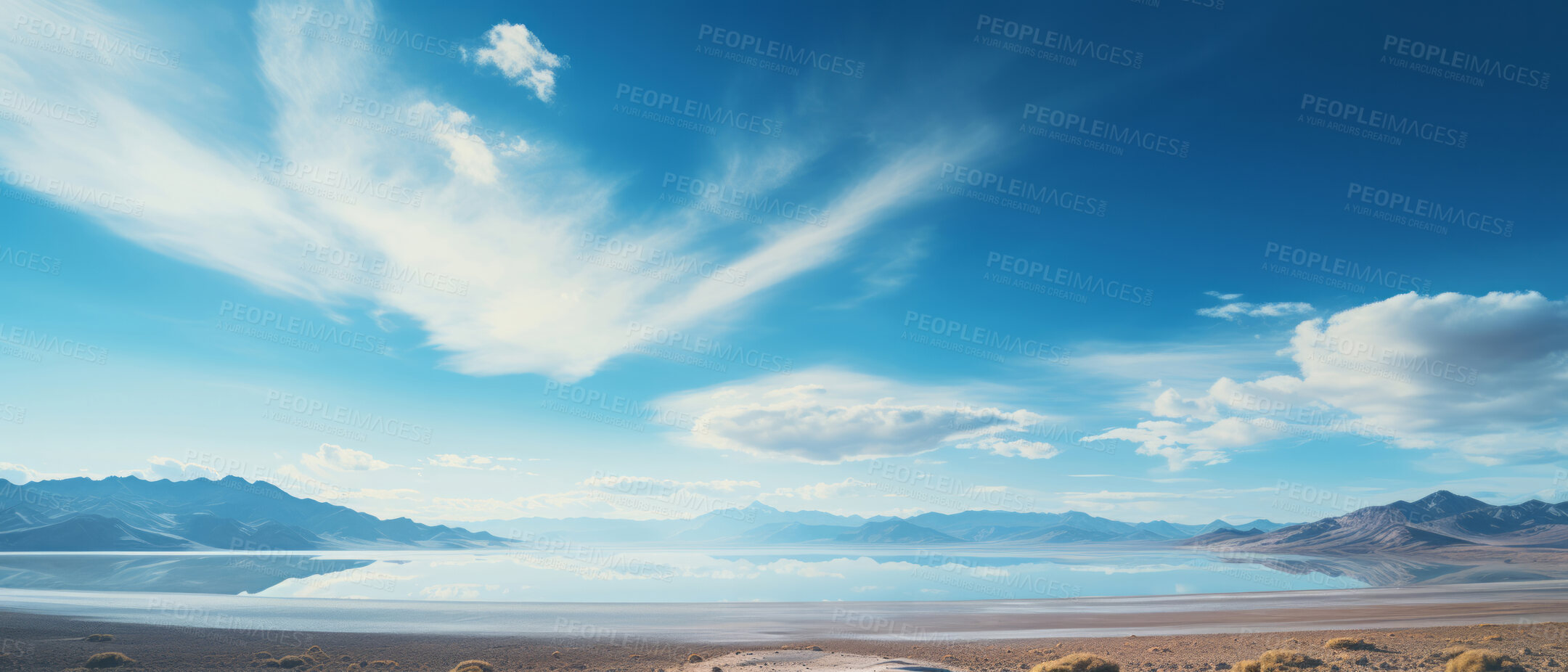 Buy stock photo Wide view of lake. Cloudy blue-sky. Background concept.