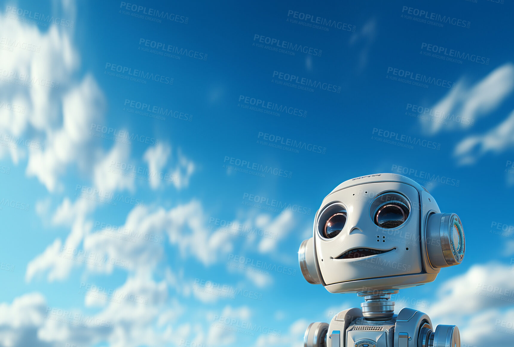 Buy stock photo Happy robot looking at sky. Fresh air. Tech meeting nature concept.