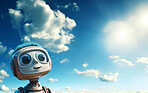 Happy robot looking at sky. Fresh air. Tech meeting nature concept.