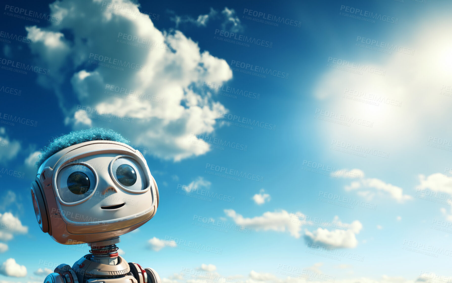 Buy stock photo Happy robot looking at sky. Fresh air. Tech meeting nature concept.