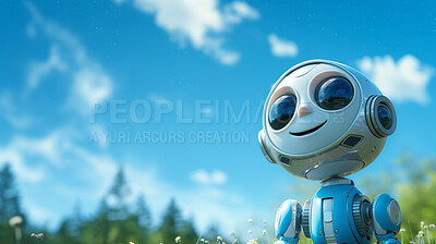 Happy robot looking at sky. Fresh air. Tech meeting nature concept.