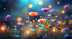 Colourful blooms in a field. Bokeh effect. Fairytale concept.