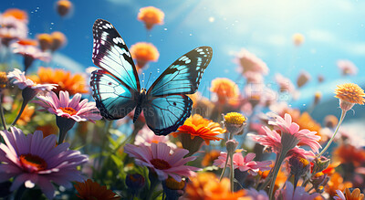 Wild flowers and butterfly in a meadow in nature. Beautiful blue sky.