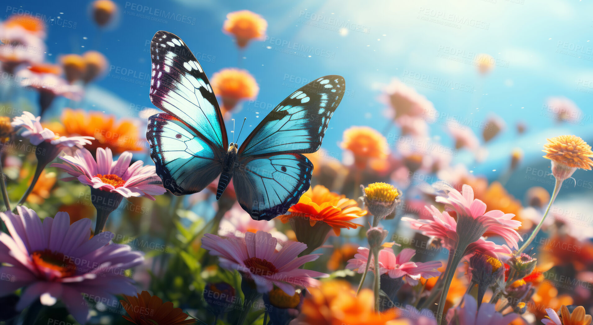 Buy stock photo Wild flowers and butterfly in a meadow in nature. Beautiful blue sky.