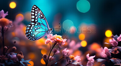 Wild flowers and butterfly in a meadow in nature. Bokeh effect.