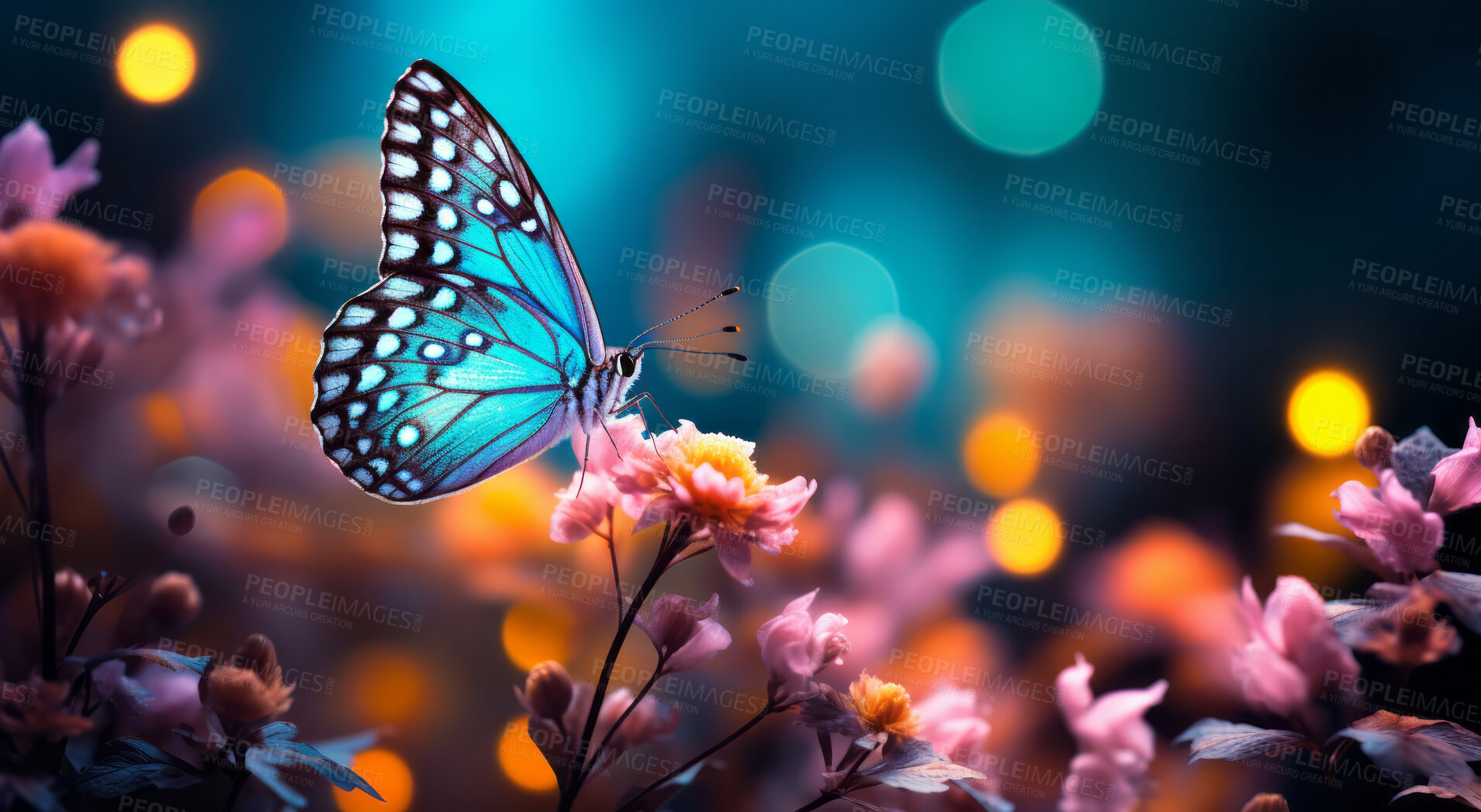 Buy stock photo Wild flowers and butterfly in a meadow in nature. Bokeh effect.