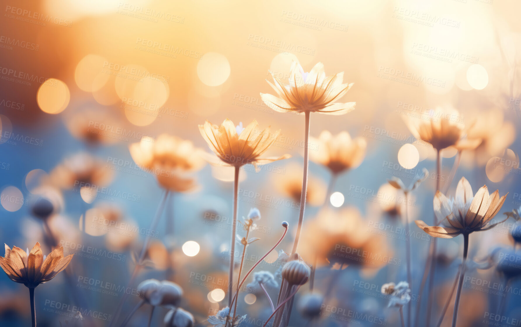 Buy stock photo Daisy blooms in a field. Sunset and sunrise over meadow.