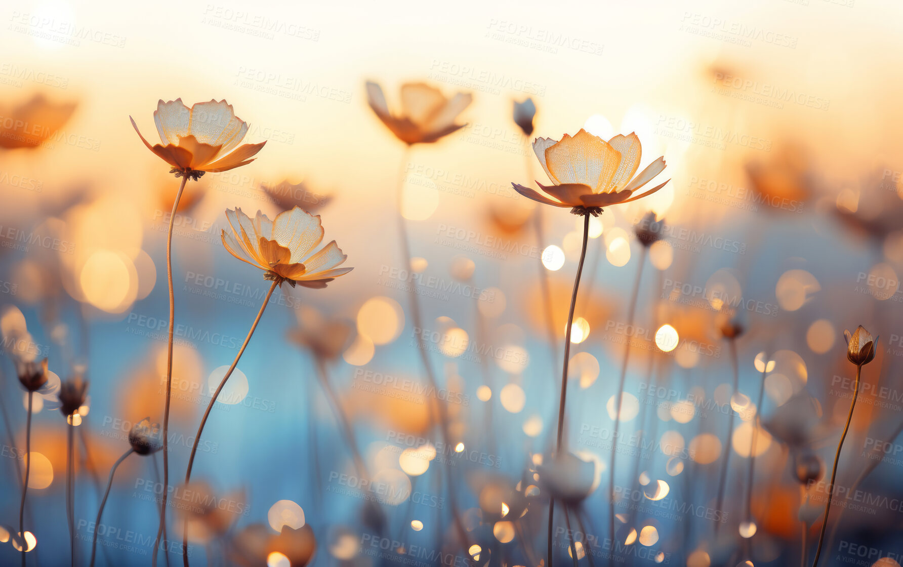 Buy stock photo Wild flower blooms in a field. Sunset and sunrise over meadow.