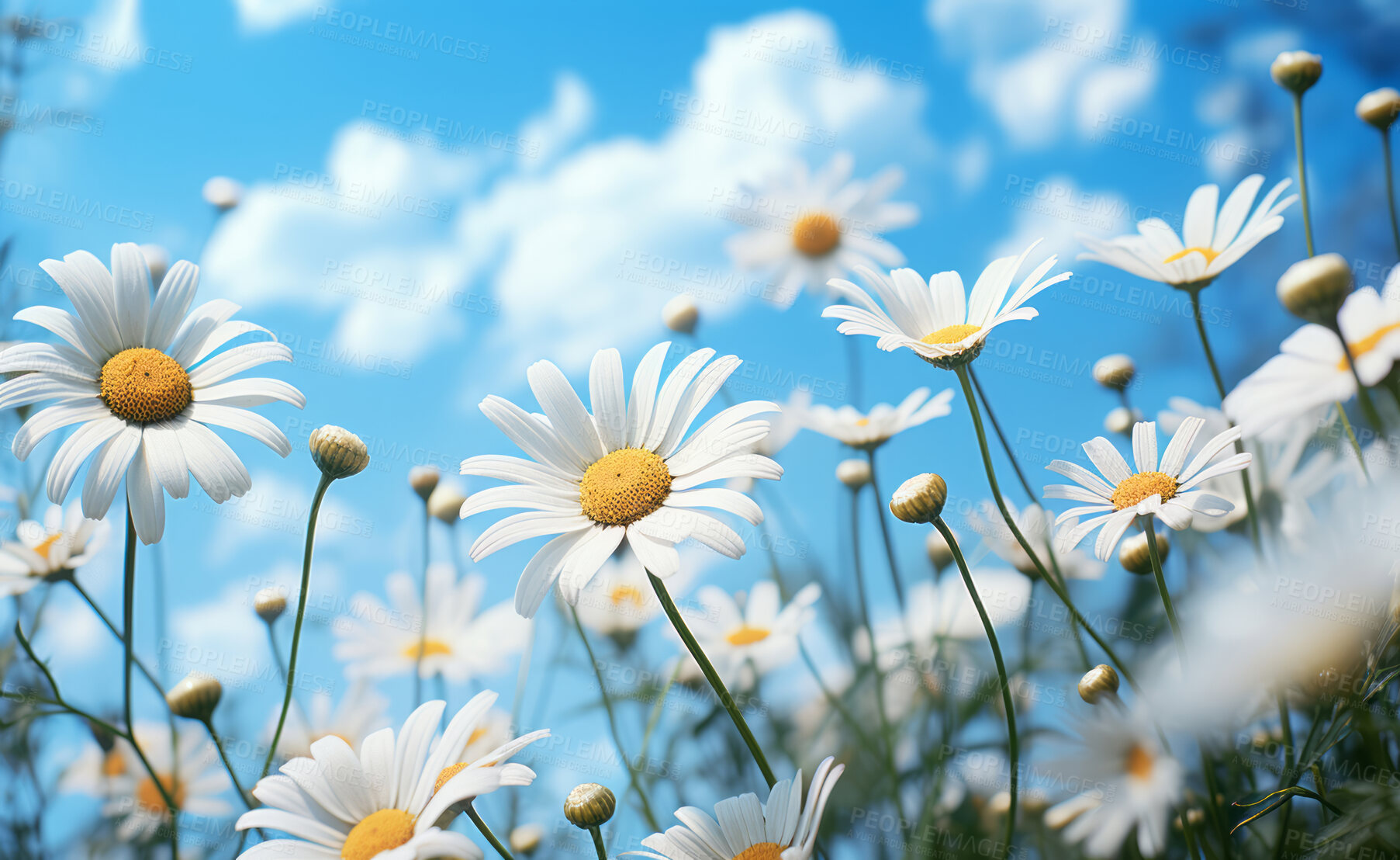 Buy stock photo Daisy blooms in a field. Blue sky  with clouds in background.