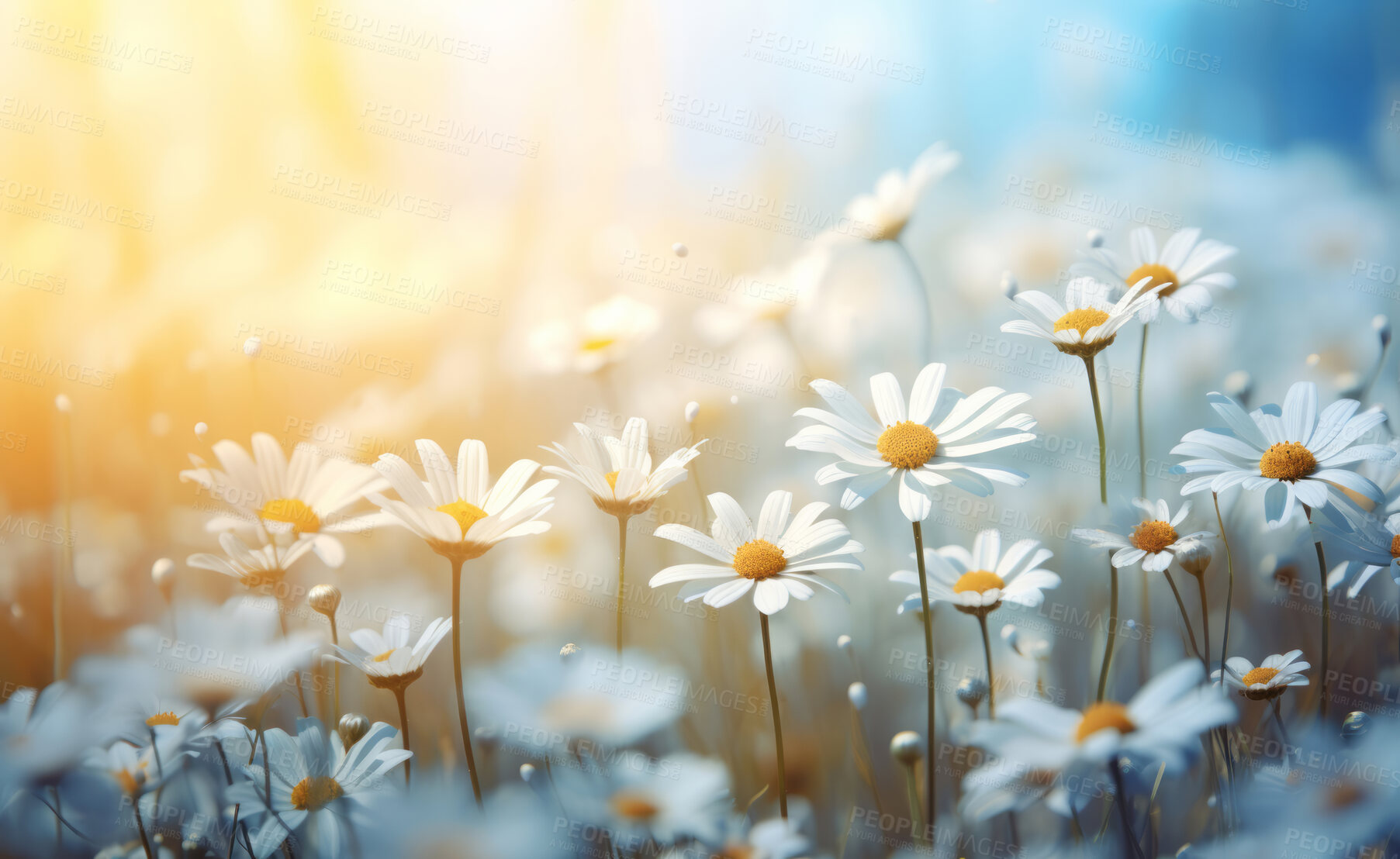 Buy stock photo Daisy blooms in a field. Blue sky  with clouds in background. Sun flare effect.