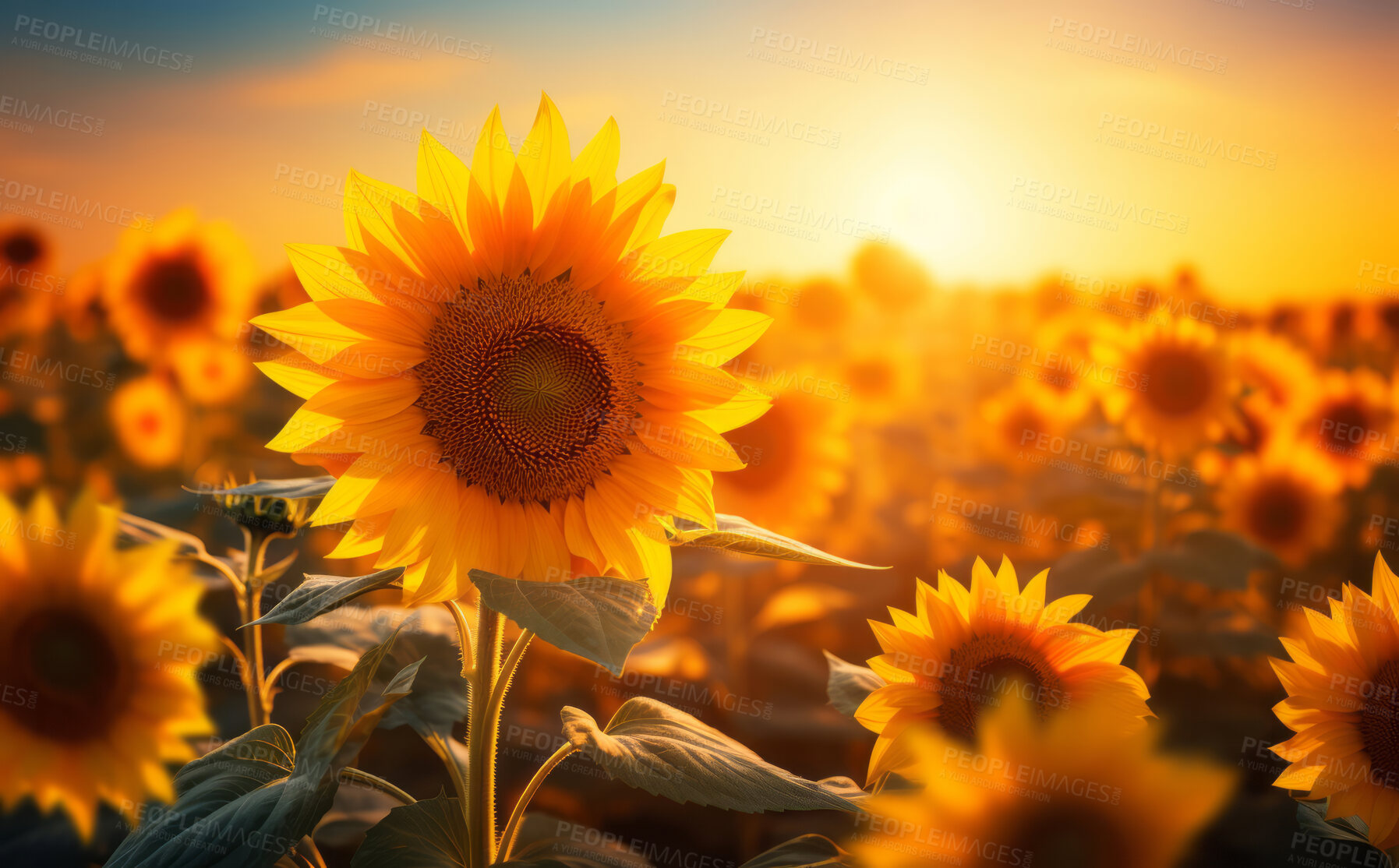 Buy stock photo Sunrise over field of blooming sunflowers. Golden hour concept.