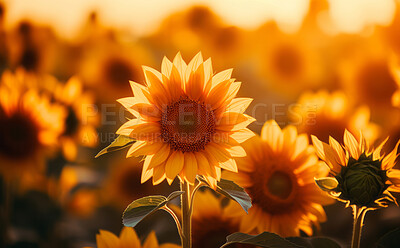 Sunrise over field of blooming sunflowers. Golden hour concept.