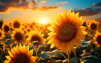 Buy stock photo Sunrise over field of blooming sunflowers. Warm colours and blue sky.