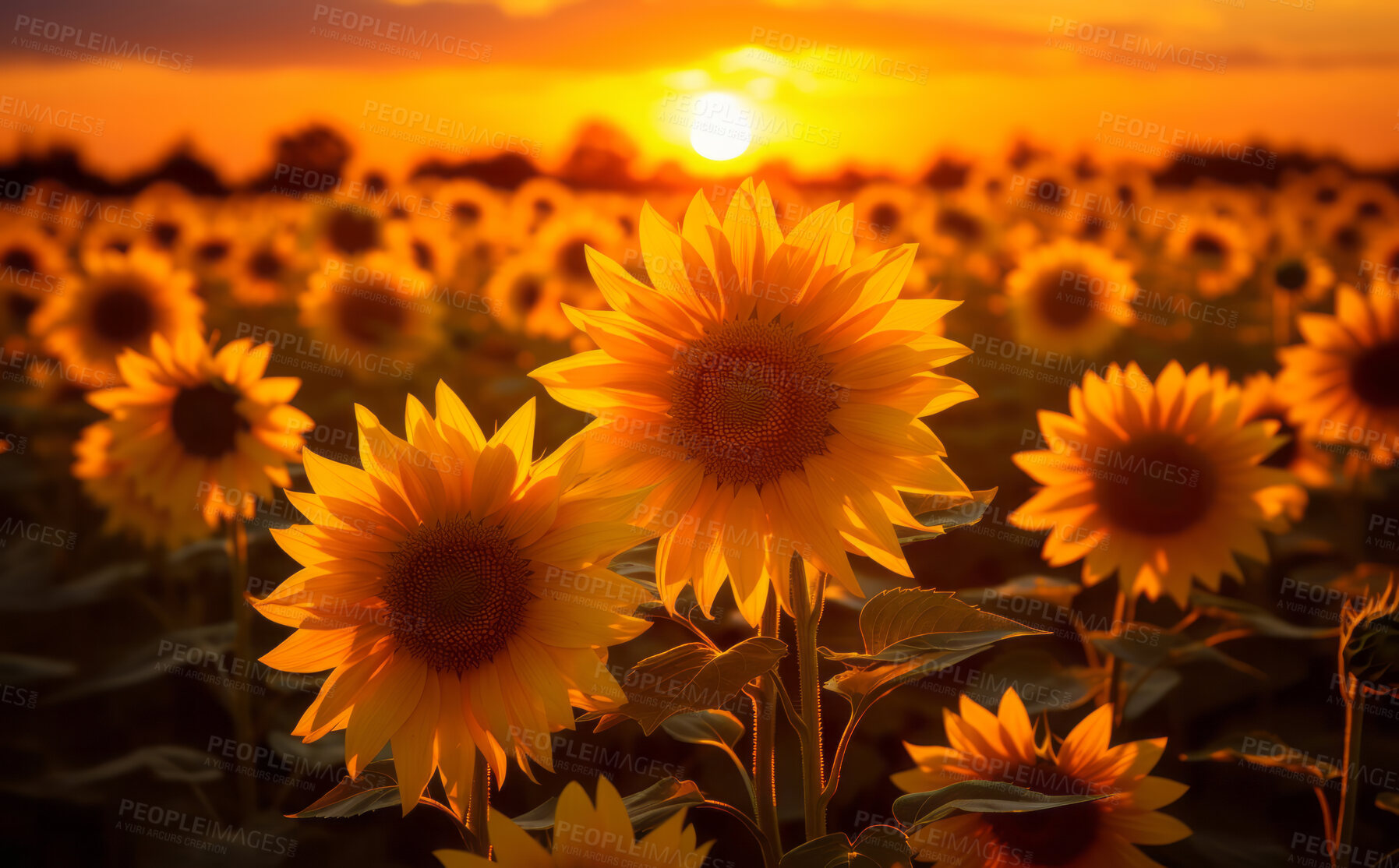 Buy stock photo Sunrise over field of blooming sunflowers. Golden hour concept.