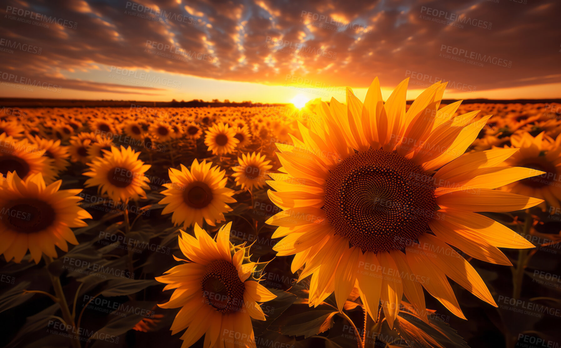 Buy stock photo Sunrise over field of blooming sunflowers. Golden hour concept.