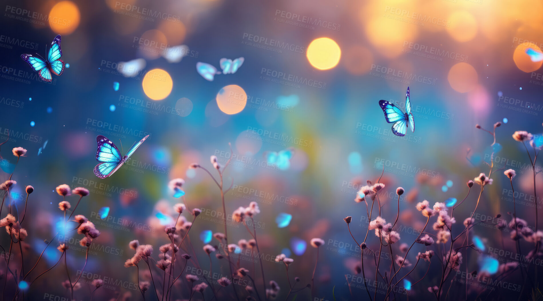 Buy stock photo Wild flowers and butterflies in a meadow in nature. Beautiful bokeh effect.