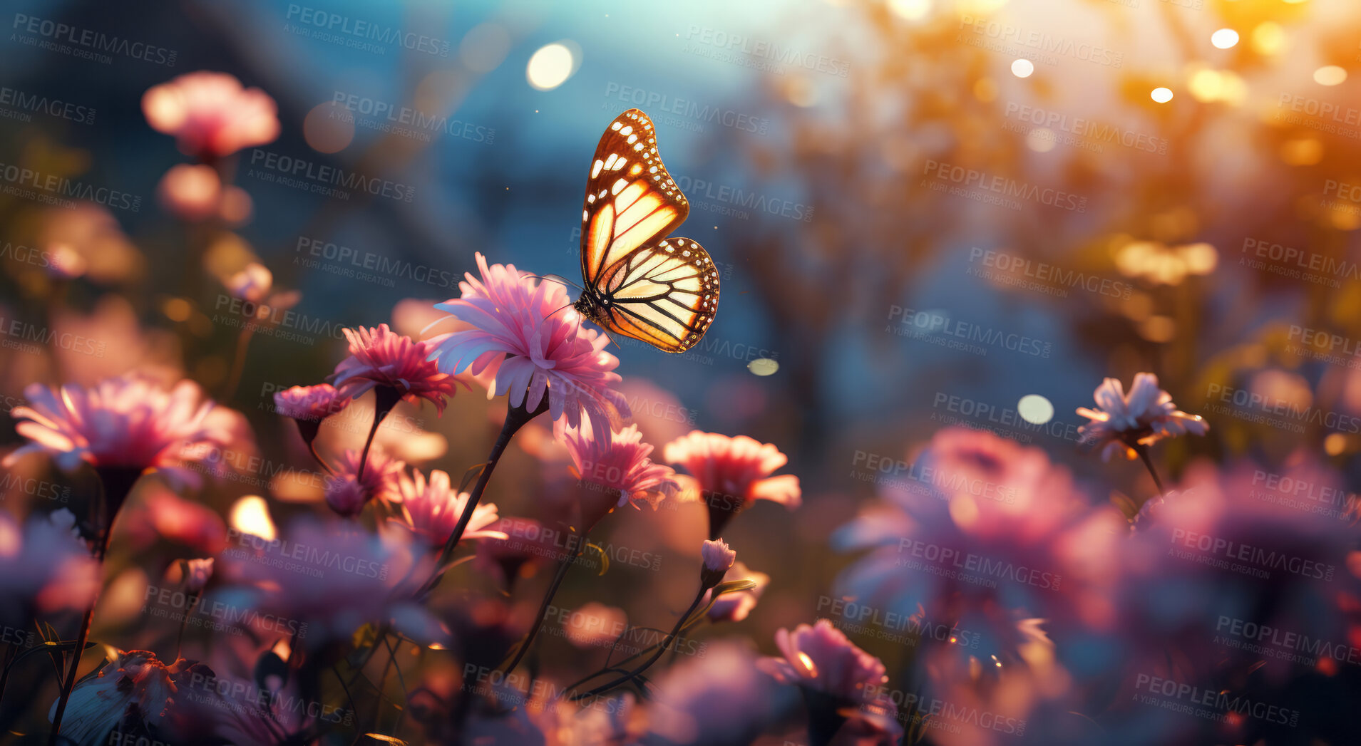 Buy stock photo Wild flowers and butterfly in a meadow in nature. Beautiful sunset.