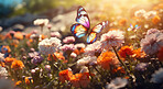 Wild flowers and butterfly in a meadow in nature. Beautiful sunset.