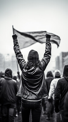 Journalistic shot of protester waving flag. Human rights, freedom. Activism concept.
