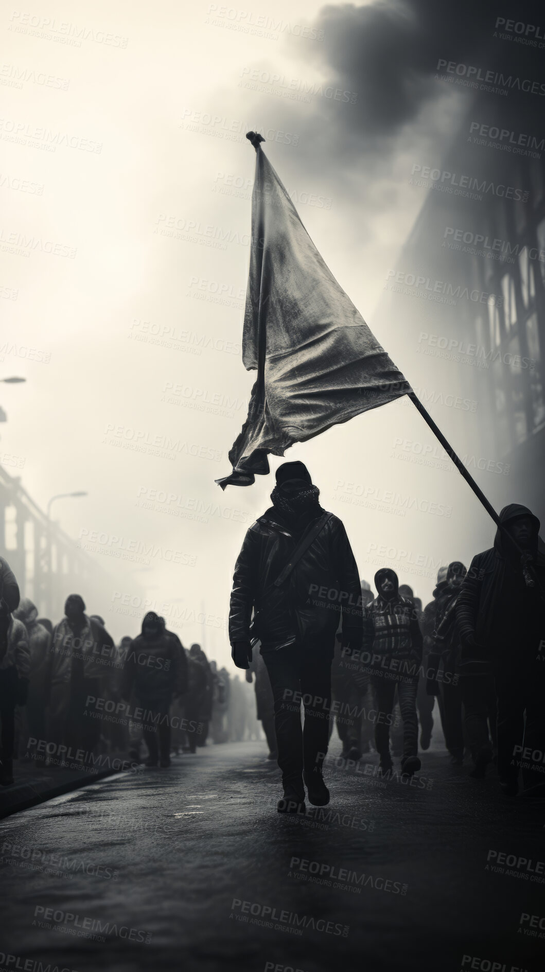 Buy stock photo Journalistic shot of protester waving flag. Human rights, freedom. Activism concept.