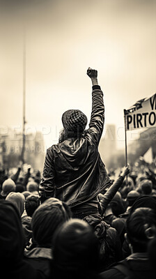 Buy stock photo Protester raising fist above crowd. Human rights. Activism concept.