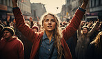 Woman protester raising arms in mach. Human rights. Activism concept.