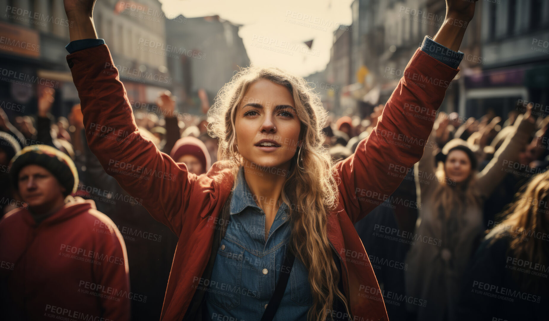 Buy stock photo Woman protester raising arms in mach. Human rights. Activism concept.