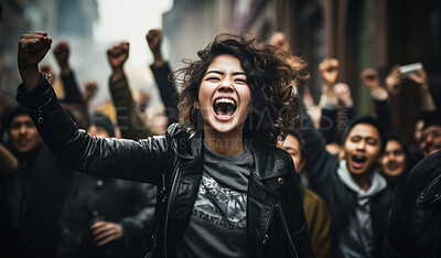 Asian american protester shouting in mach. Human rights. Activism concept.