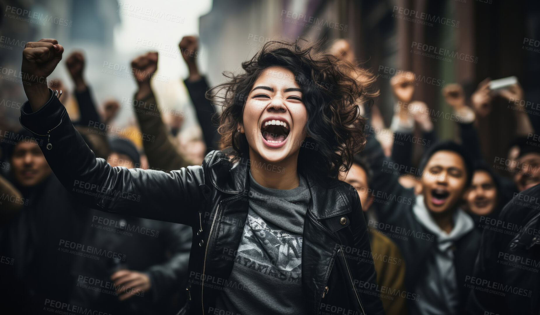 Buy stock photo Asian american protester shouting in mach. Human rights. Activism concept.