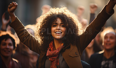 Happy woman protester in mach. Human rights. Activism concept.