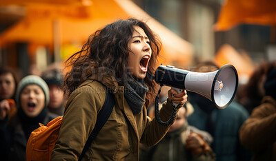 Furious protester shouting on megaphone. Human rights. Activism concept.
