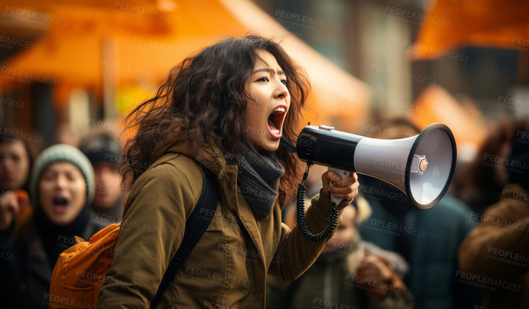 Buy stock photo Furious protester shouting on megaphone. Human rights. Activism concept.