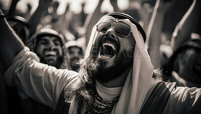 Arab protester shouting at protest. Human rights. Activism concept.