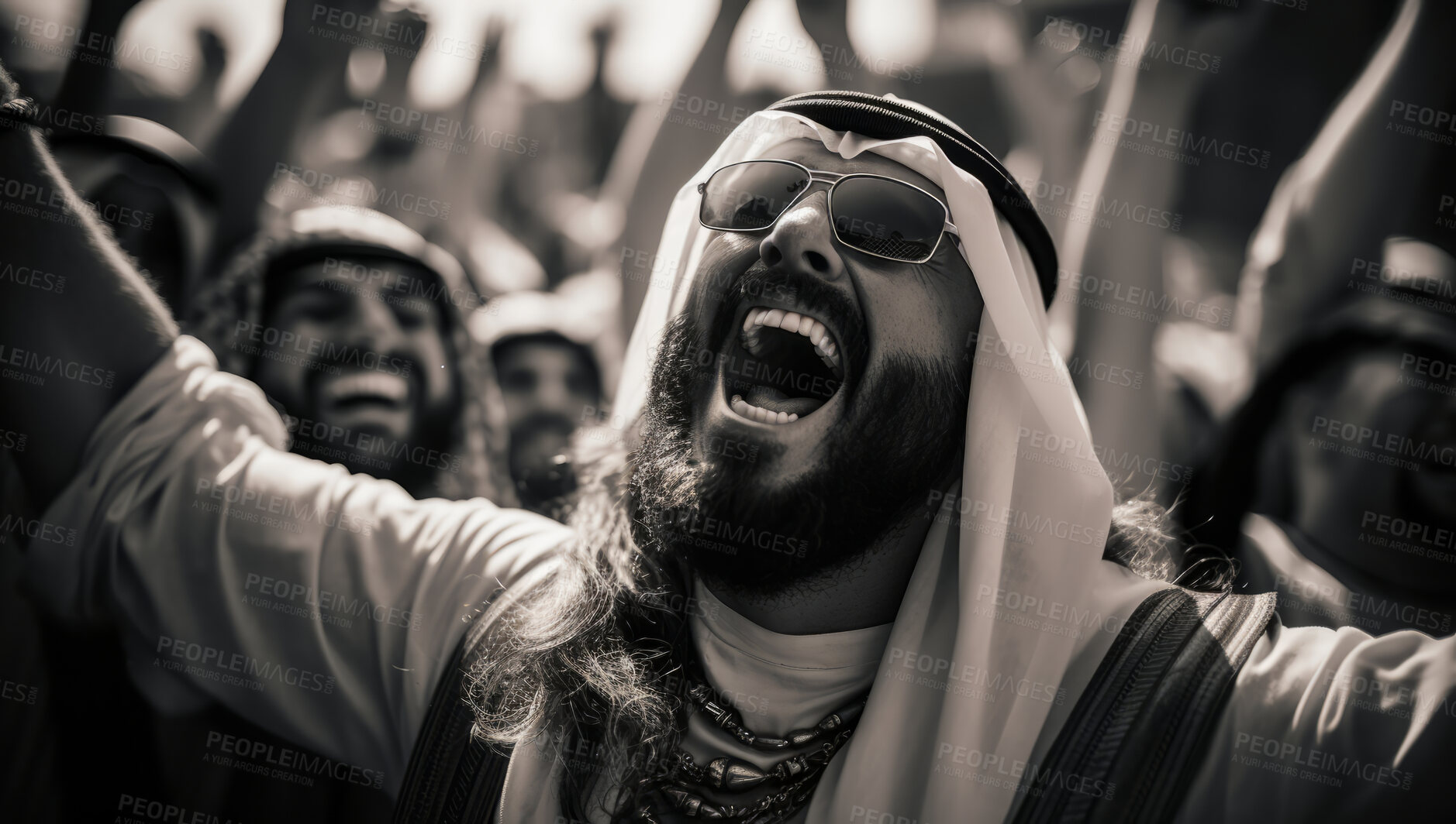 Buy stock photo Arab protester shouting at protest. Human rights. Activism concept.