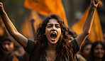 Furious woman protester raising fist. Human rights. Activism concept.