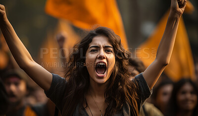 Furious woman protester raising fist. Human rights. Activism concept.