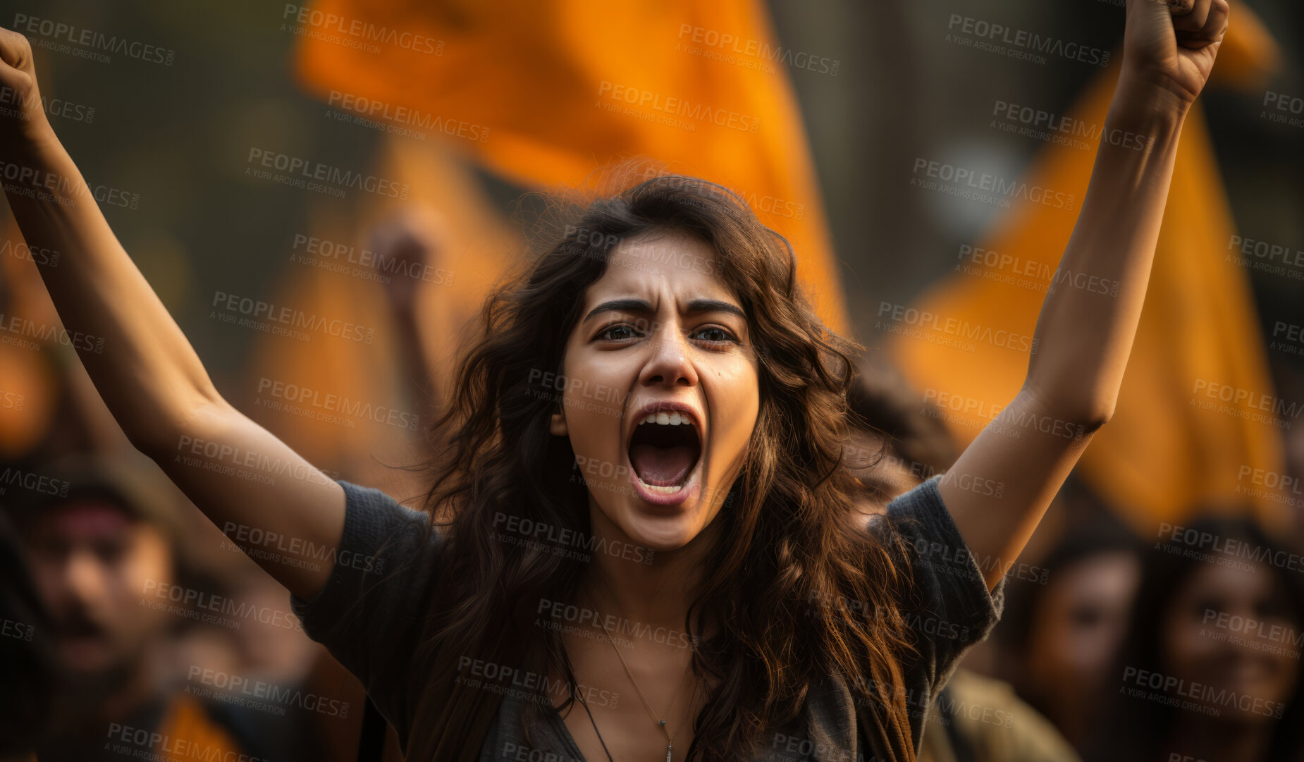Buy stock photo Furious woman protester raising fist. Human rights. Activism concept.