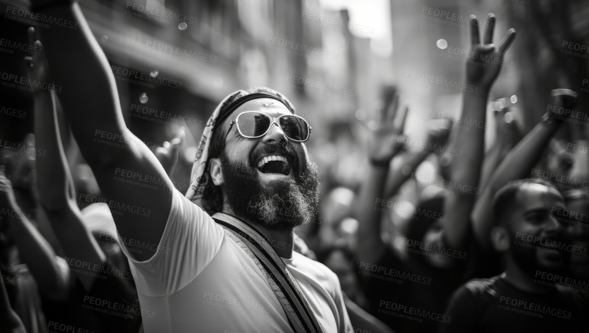Buy stock photo Happy protester raising arms shouting. Human rights. Activism concept.