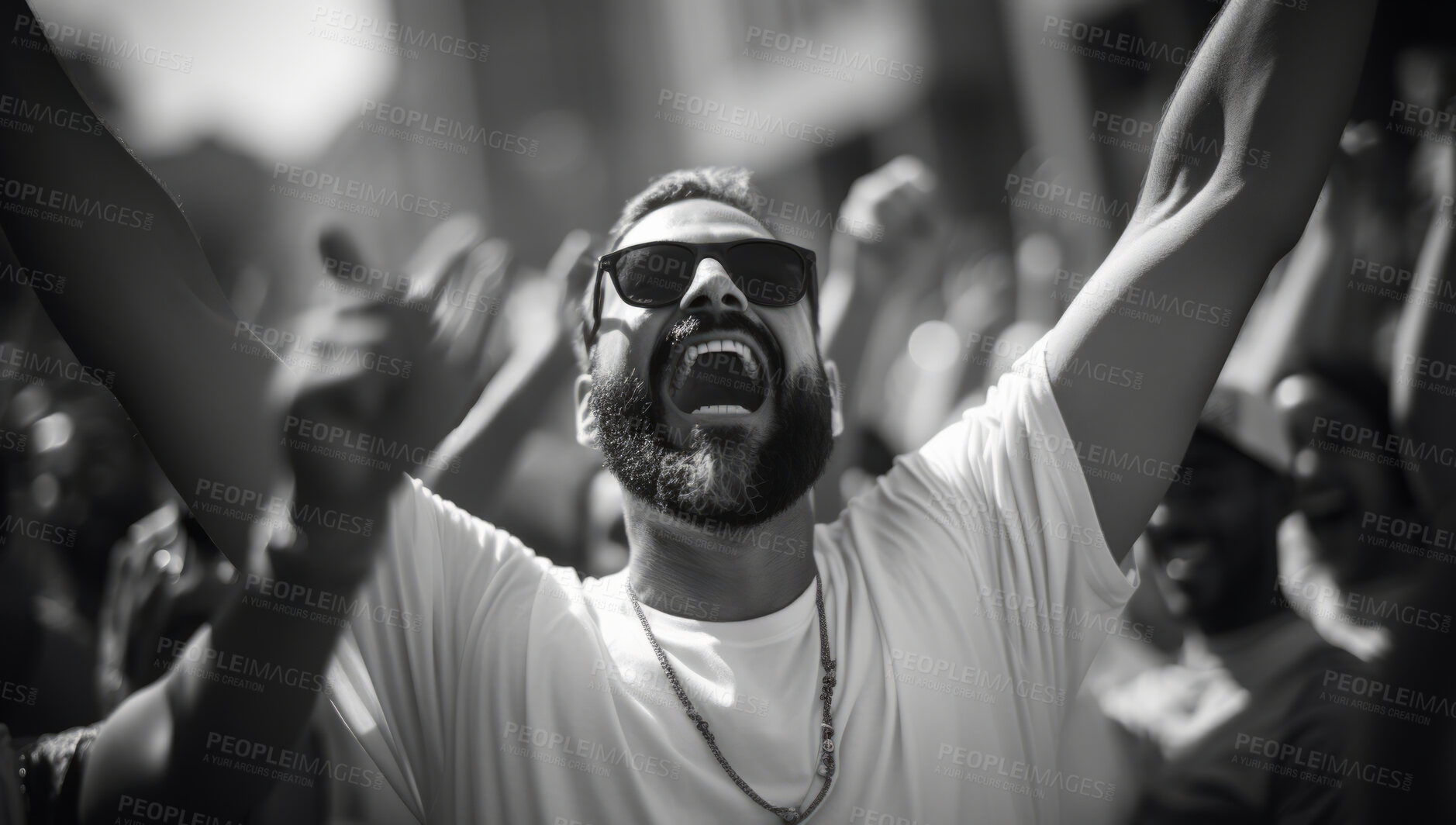 Buy stock photo Happy protester raising arms shouting. Human rights. Activism concept.