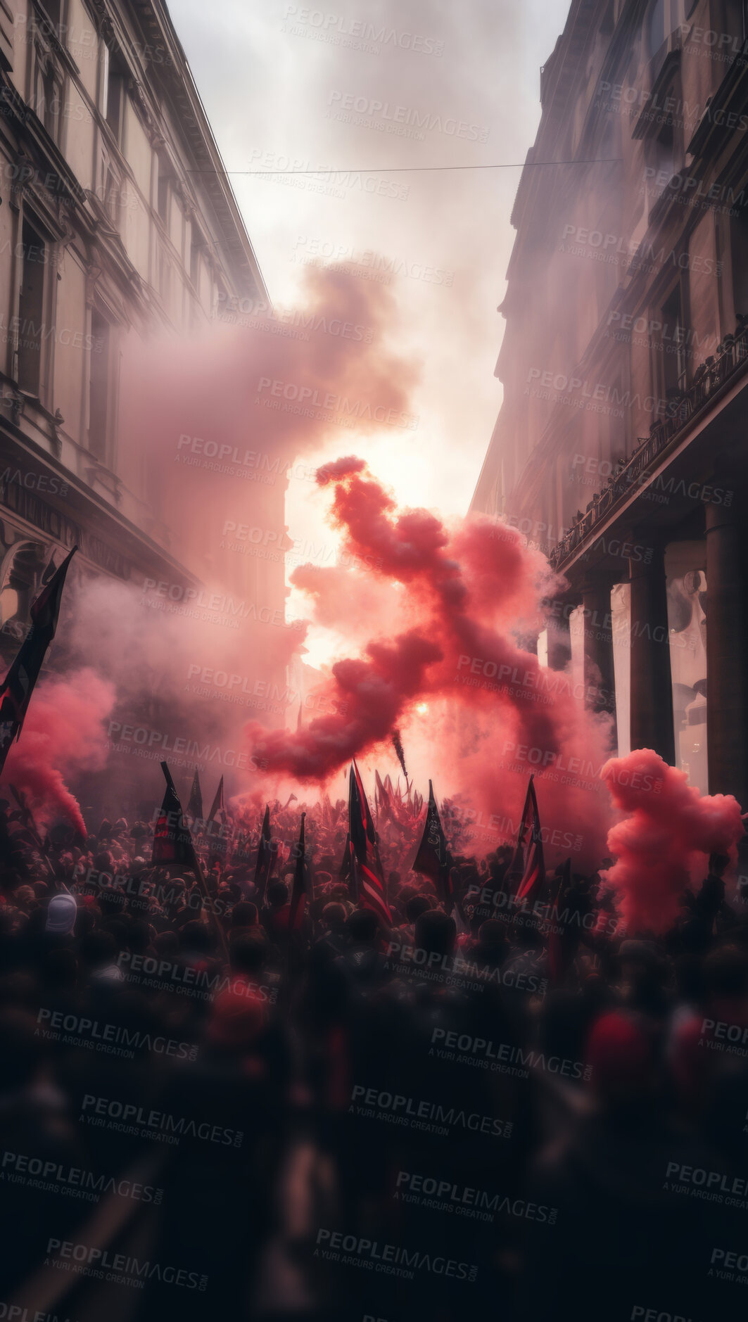 Buy stock photo Red smoke seen at protest. Human rights.Riot activism concept.