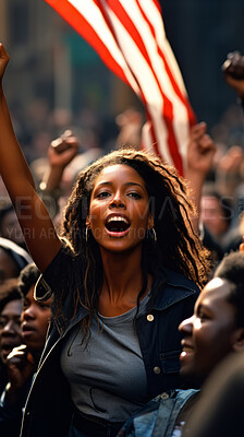 Happy african american protester raising fist. Human rights. Activism concept.