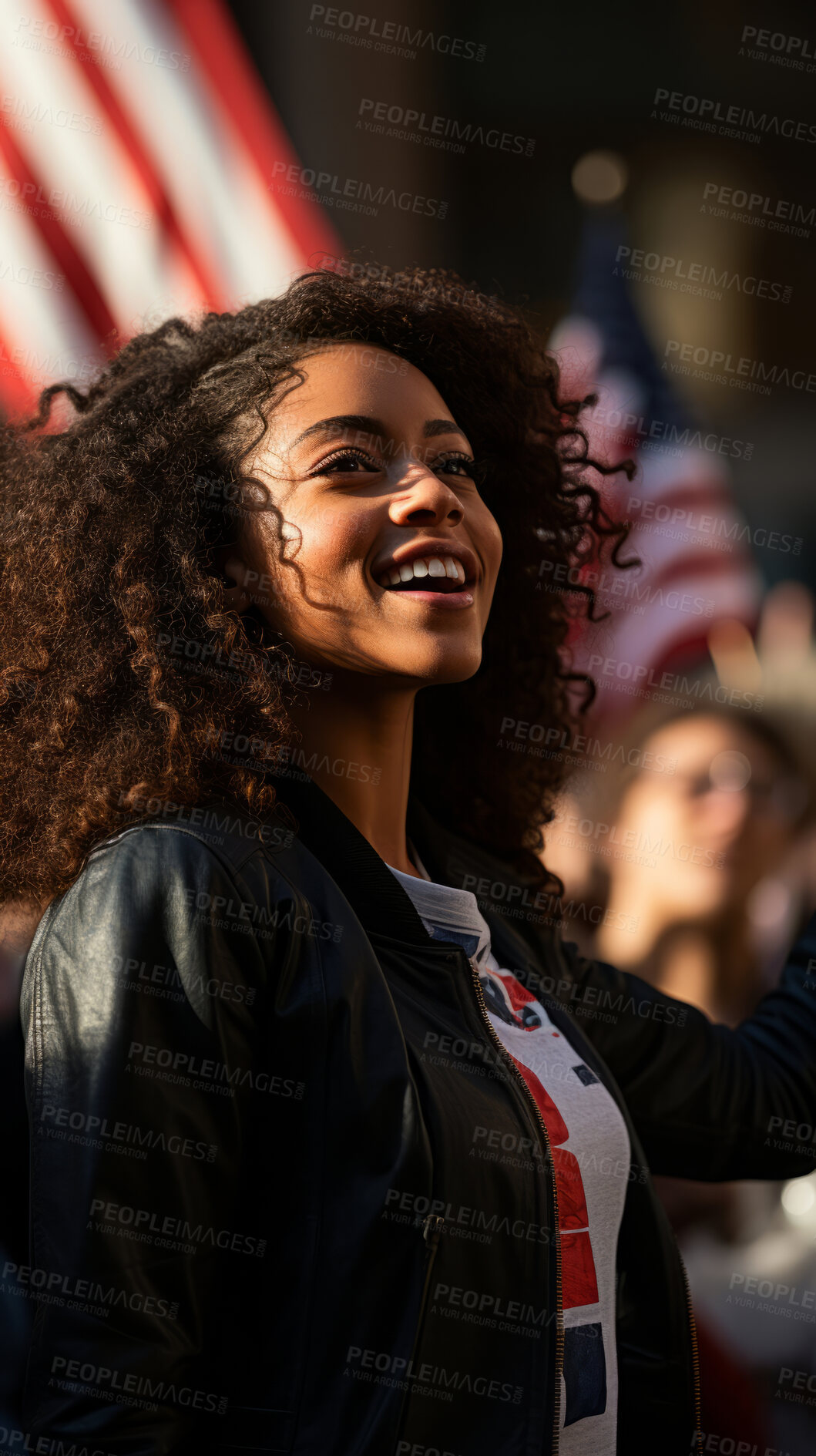 Buy stock photo American protester listening to speech, american flag. Human rights. Activism concept.