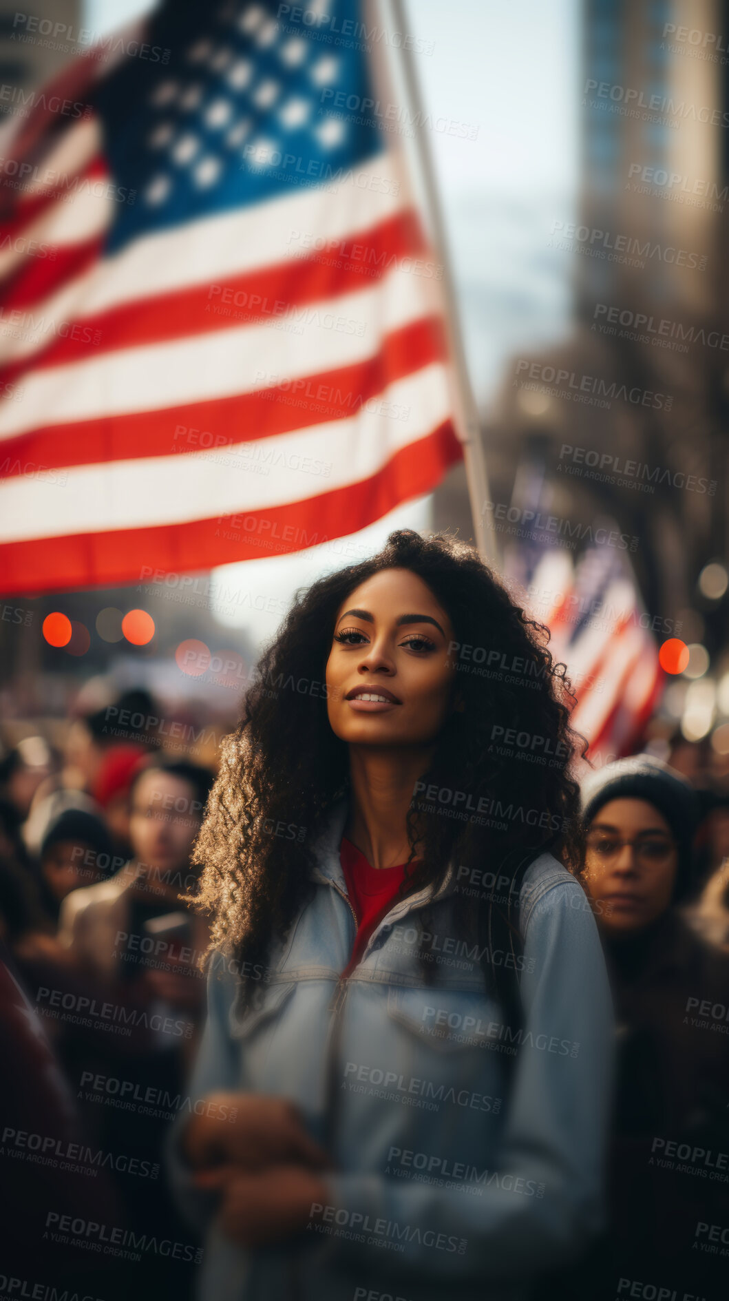 Buy stock photo American protester listening to speech, american flag. Human rights. Activism concept.