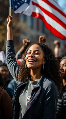 Happy american protester waving flag. Human rights. Activism concept.