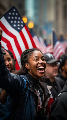 Happy american protester waving flag. Human rights. Activism concept.